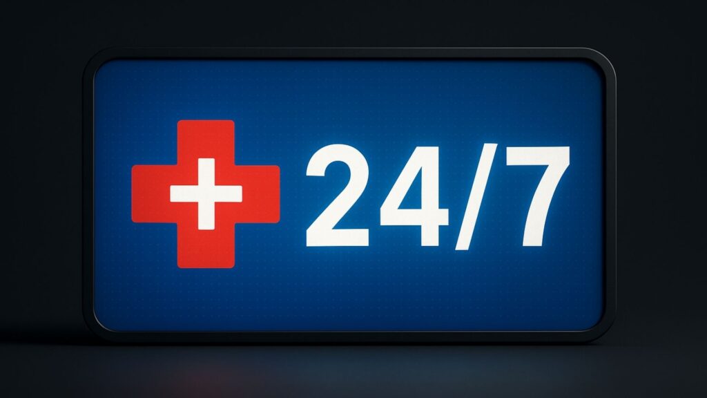 Digital display showing 24/7 with medical cross symbol indicating round-the-clock service