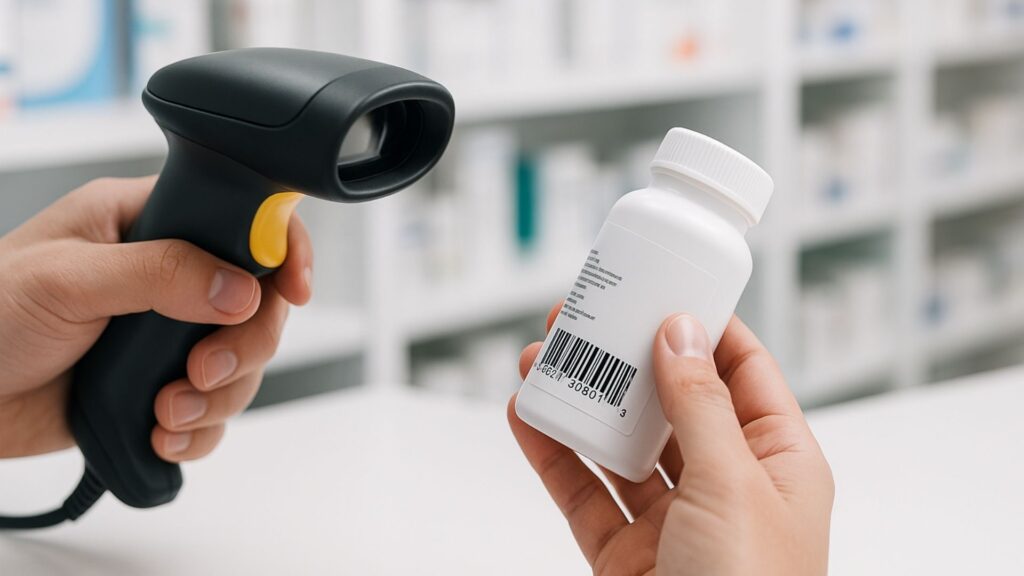 Handheld barcode scanner reading prescription bottle label at pharmacy counter