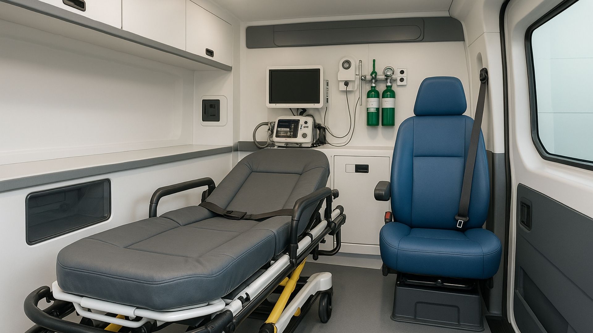 Interior of medical transport showing reinforced stretcher and wider cabin space with equipment