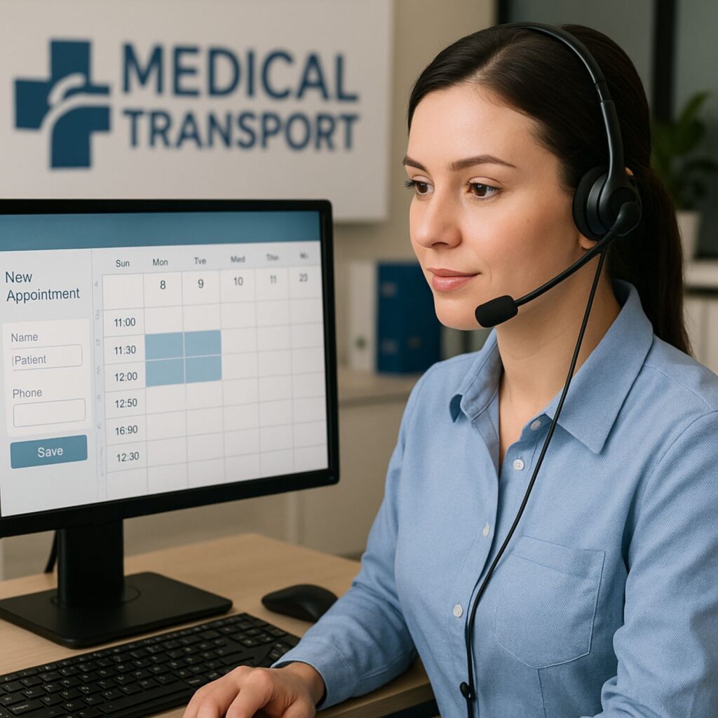 Client service agent with headset scheduling medical transport appointment