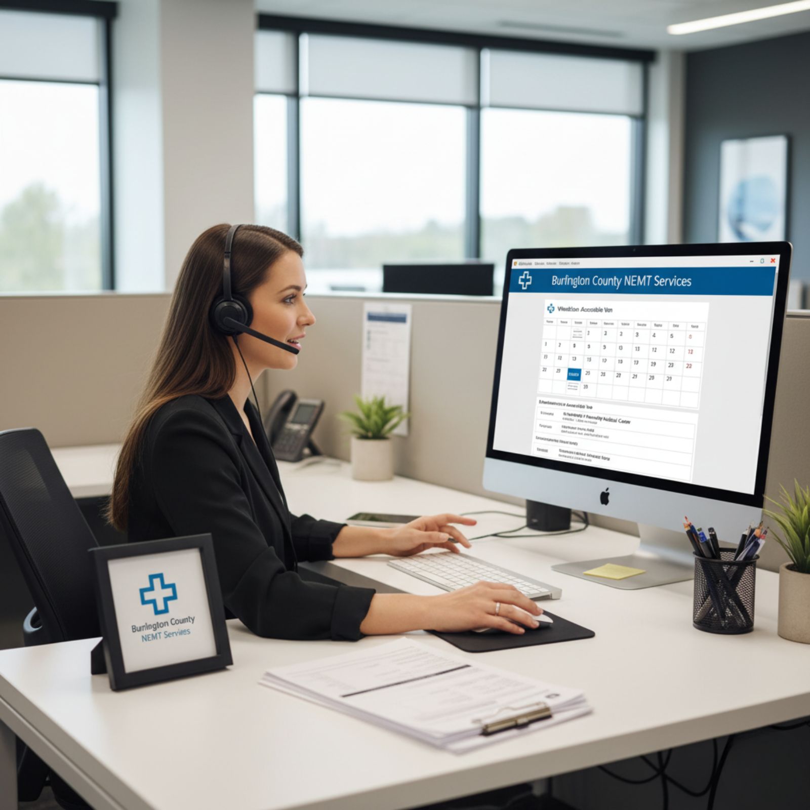 Customer service agent with headset scheduling medical transport appointment