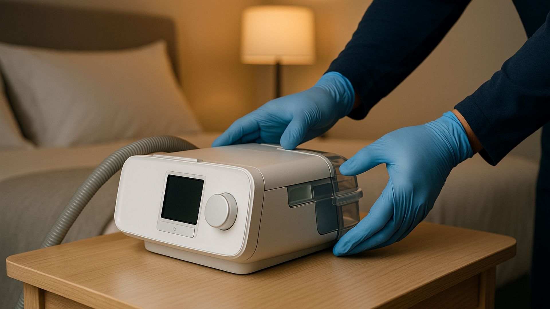 Hands in medical gloves placing CPAP machine on bedroom nightstand