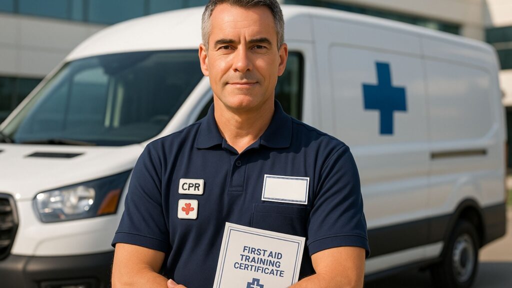 Professional medical driver in uniform with certification badges and medical van background
