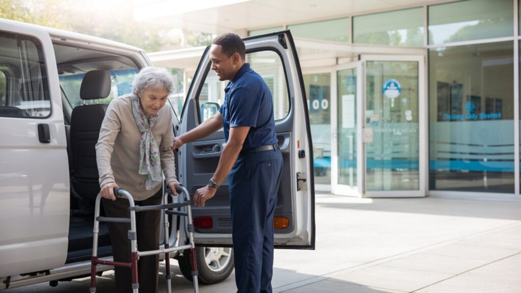 Patient boarding accessible medical transport vehicle at dialysis treatment center