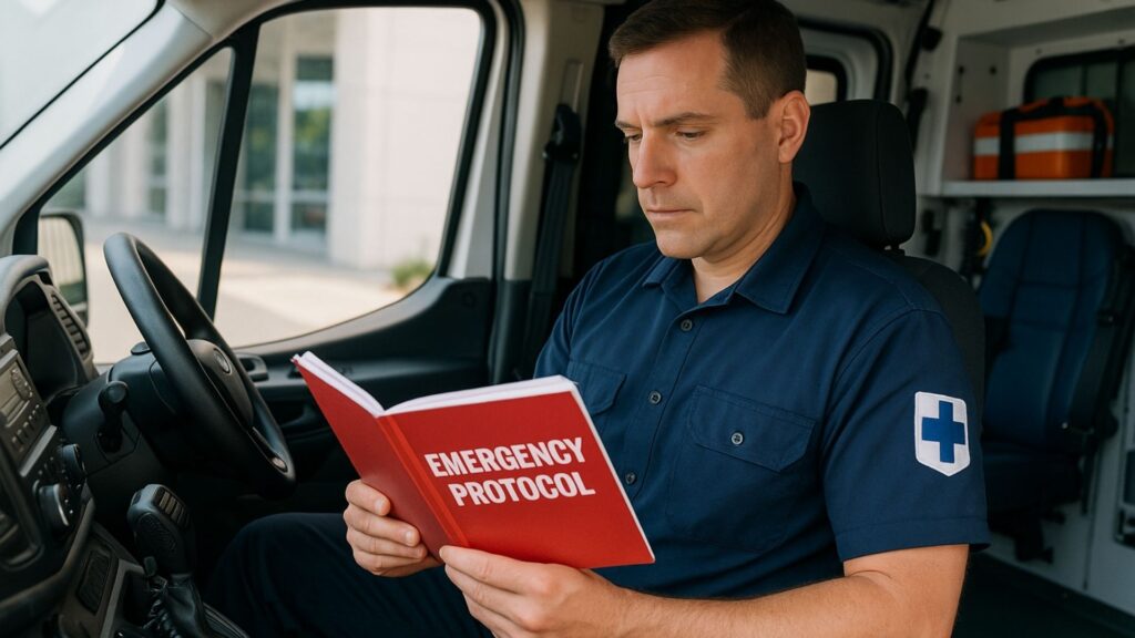 Medical transport driver reading emergency protocol manual in vehicle