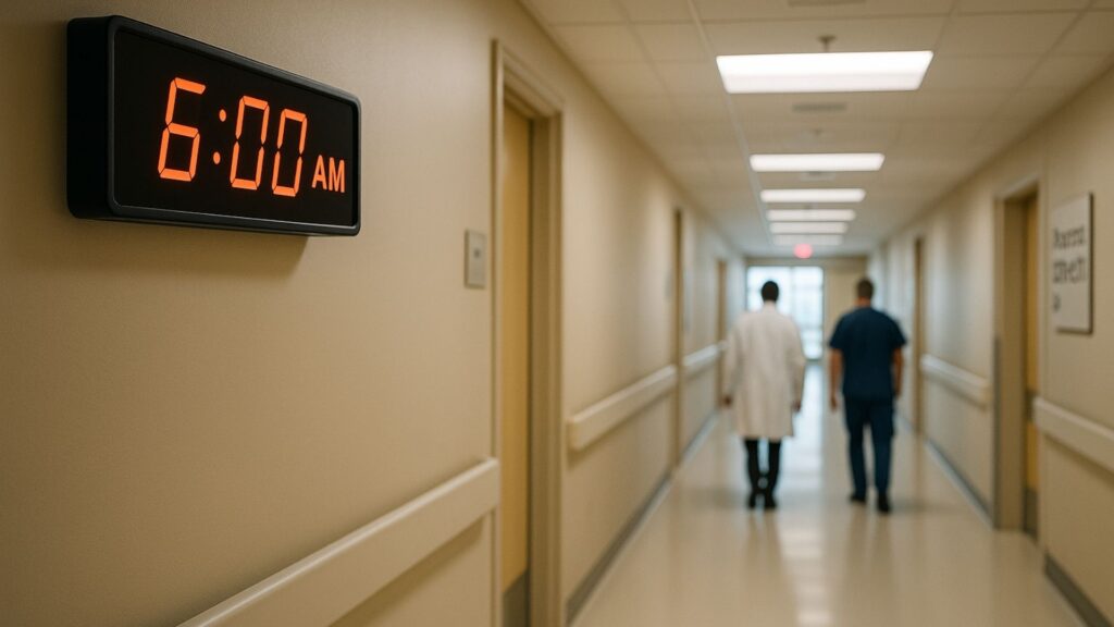 Hospital hallway with wall clock showing 6 AM and medical staff in background