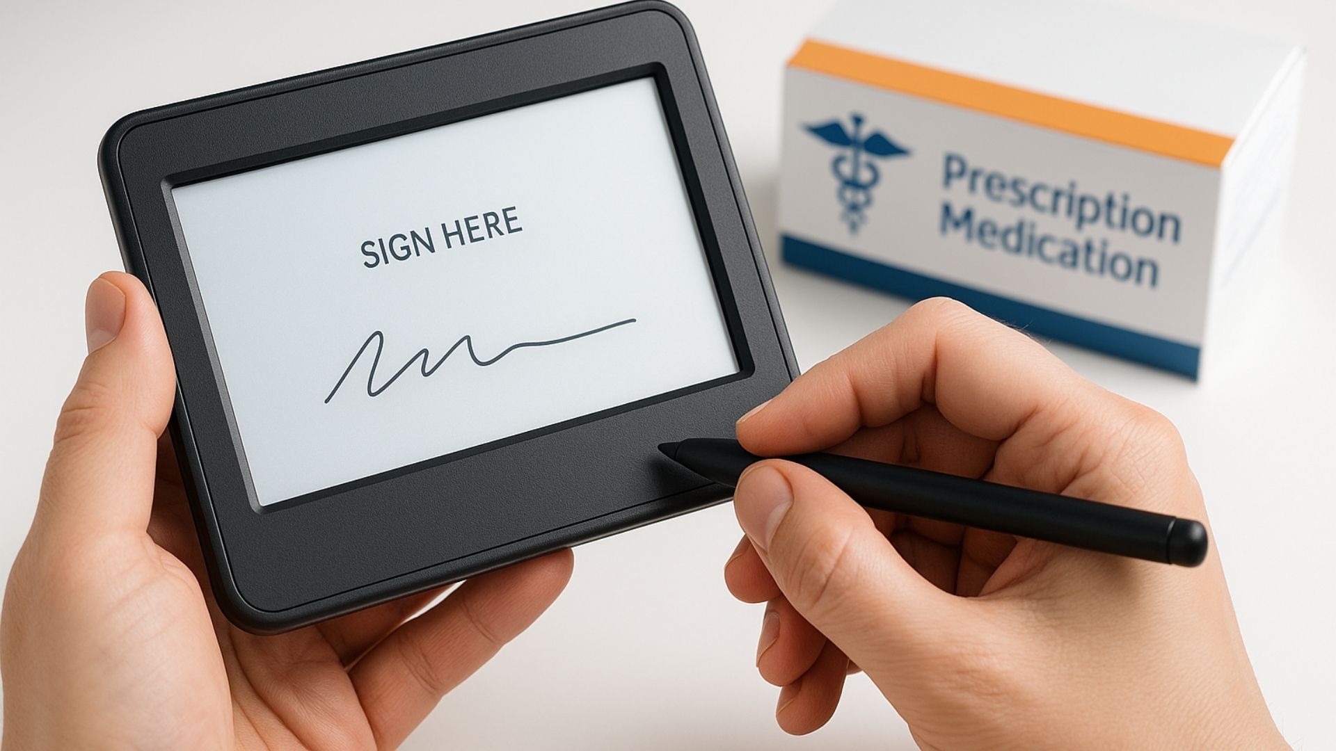 Hands holding electronic signature device with medication package in background