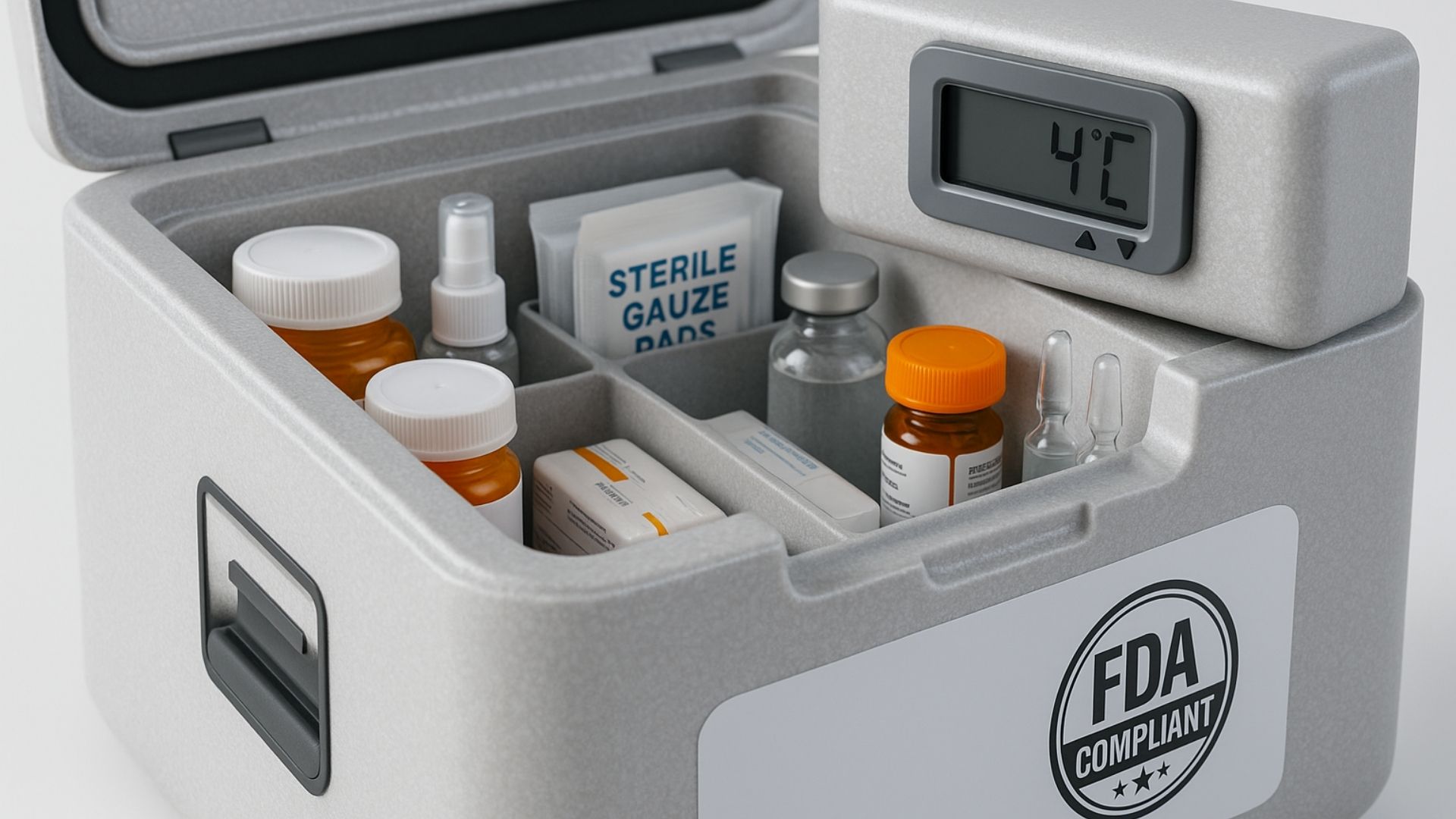 Insulated medical container with temperature display and prescription medications