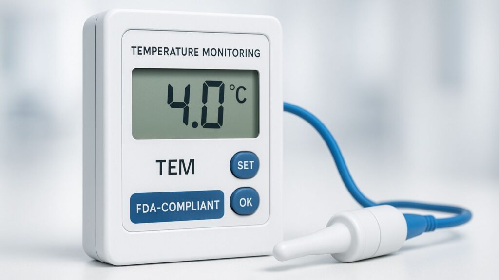 Digital temperature monitoring device with sensors and display screen in clean medical setting