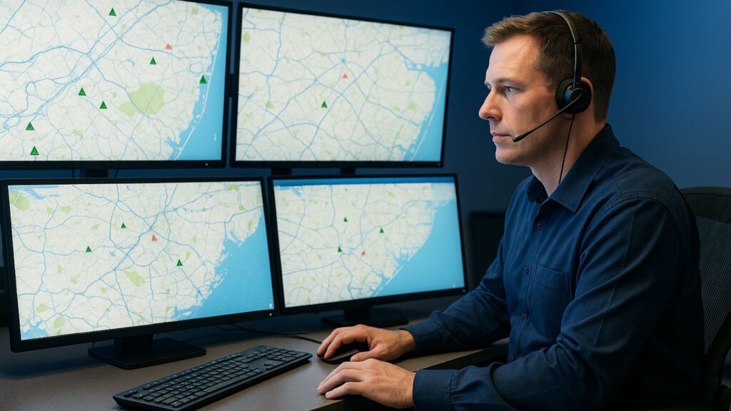 Dispatch center with multiple monitors displaying vehicle tracking and New Jersey road maps