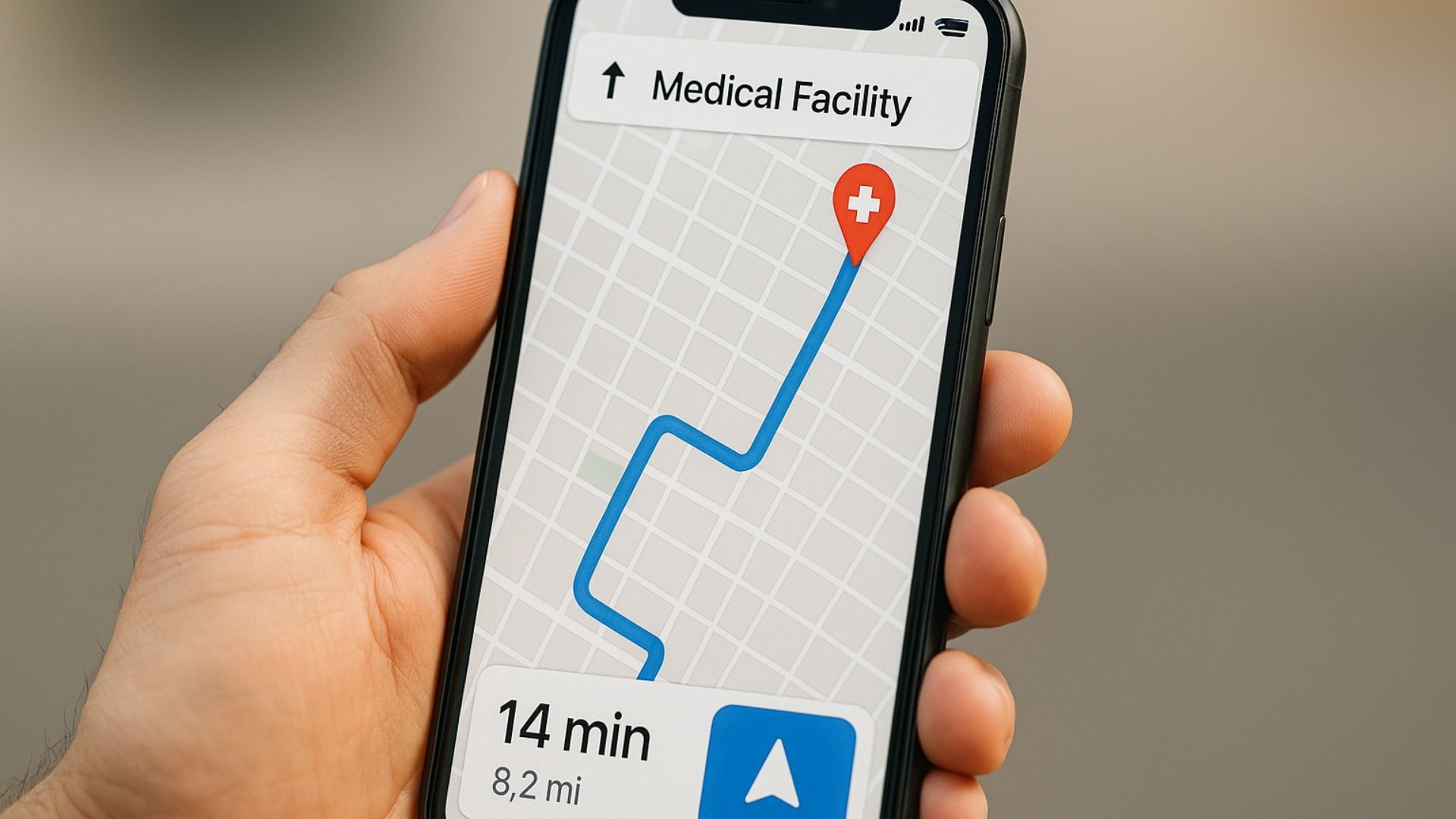Smartphone screen showing GPS map with route to medical facility and arrival time estimate