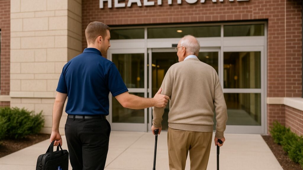Driver accompanying elderly man with cane walking toward healthcare facility entrance