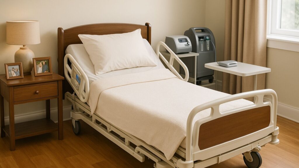 Home bedroom with hospital bed and medical equipment for patient recovery