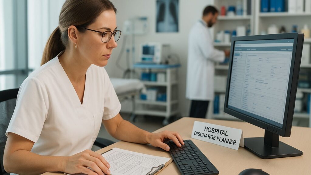 Healthcare professional at desk reviewing patient discharge documents in hospital office setting