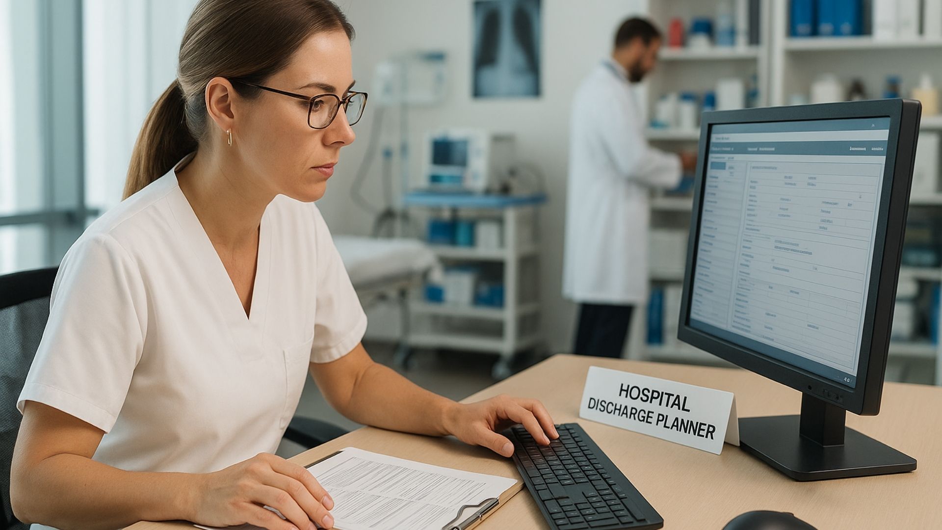 Healthcare professional at desk reviewing patient discharge documents in hospital office setting