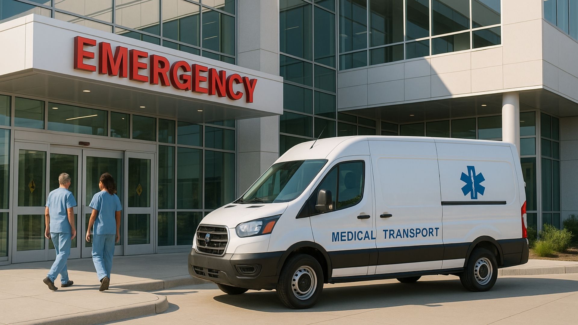 Medical transport van parked outside modern hospital entrance with healthcare workers nearby