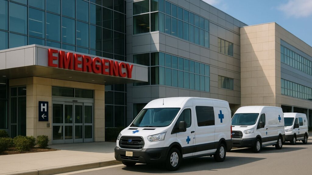 Hospital emergency entrance with medical transport vehicles and clear directional signage