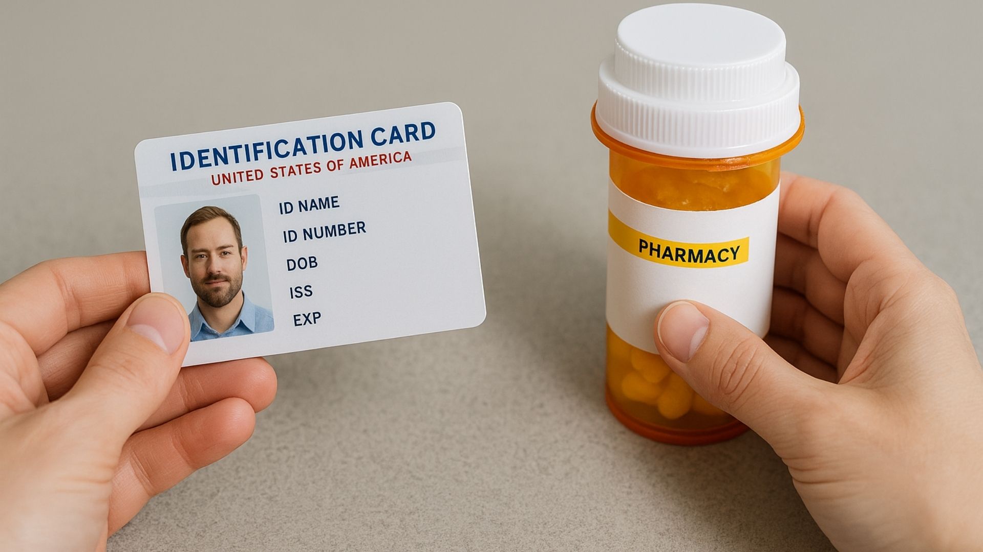 Hands holding photo ID next to prescription bottle for medication verification process