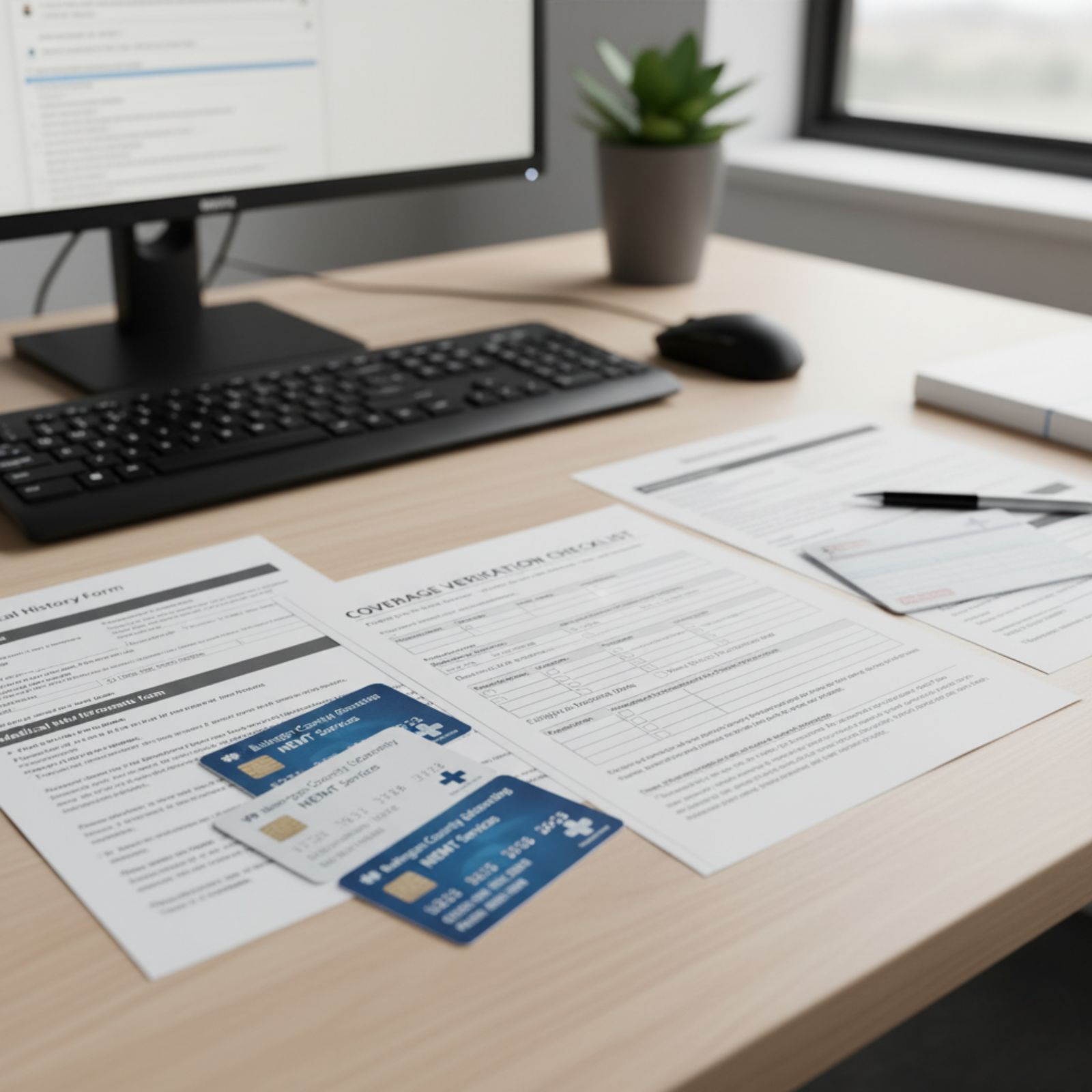 nsurance cards and medical documents on desk for NEMT coverage verification