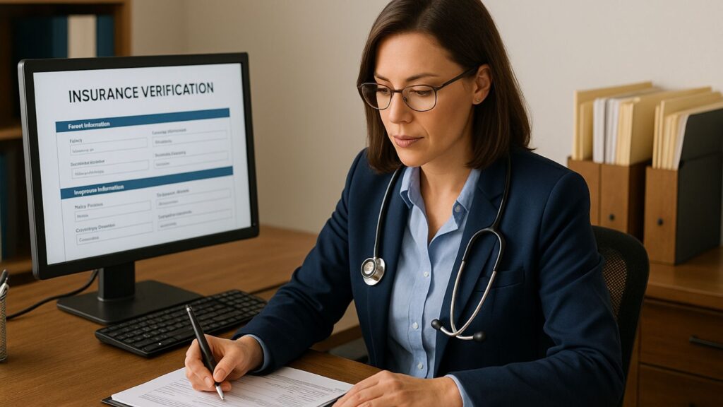Healthcare worker reviewing insurance verification documents at organized office desk