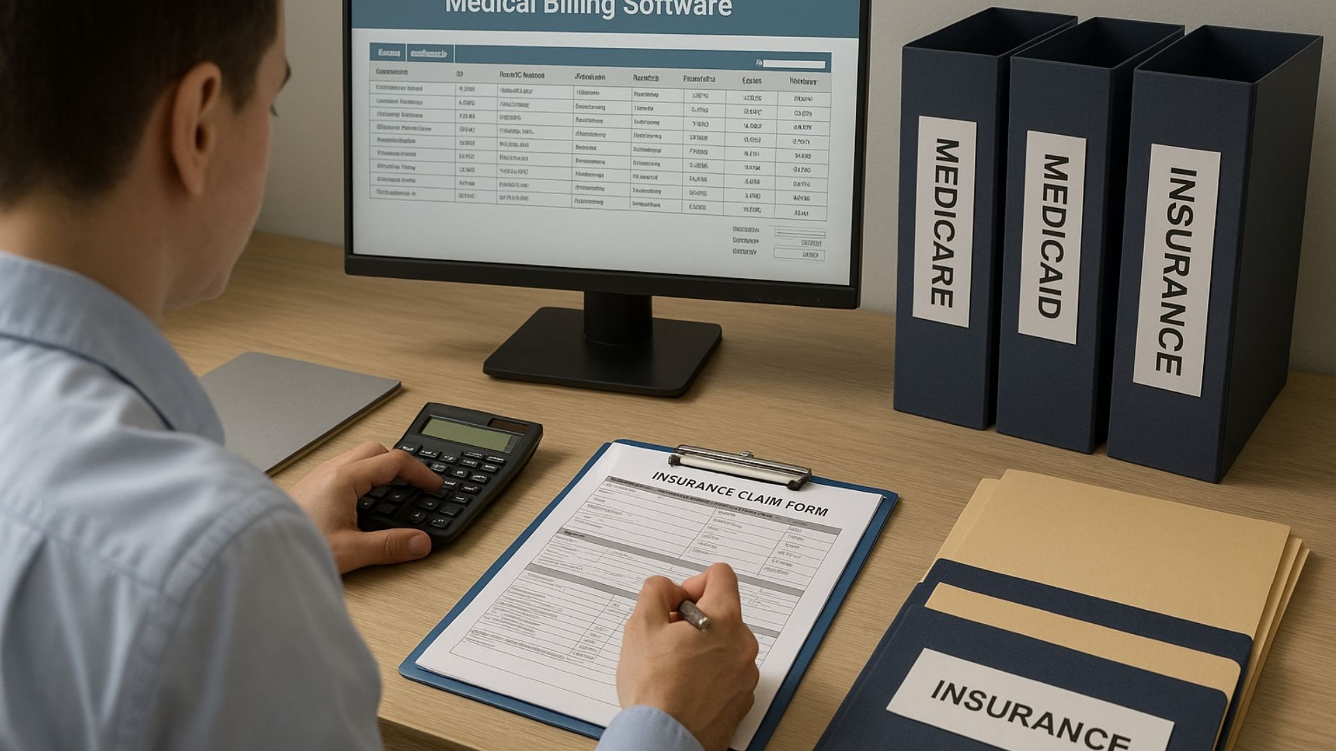 Healthcare billing specialist processing insurance claims at organized desk with forms