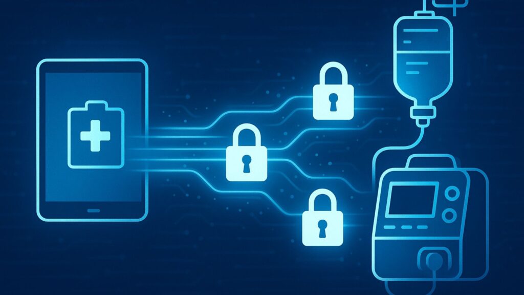 Digital visualization of encrypted medical data transmission with security padlock symbols