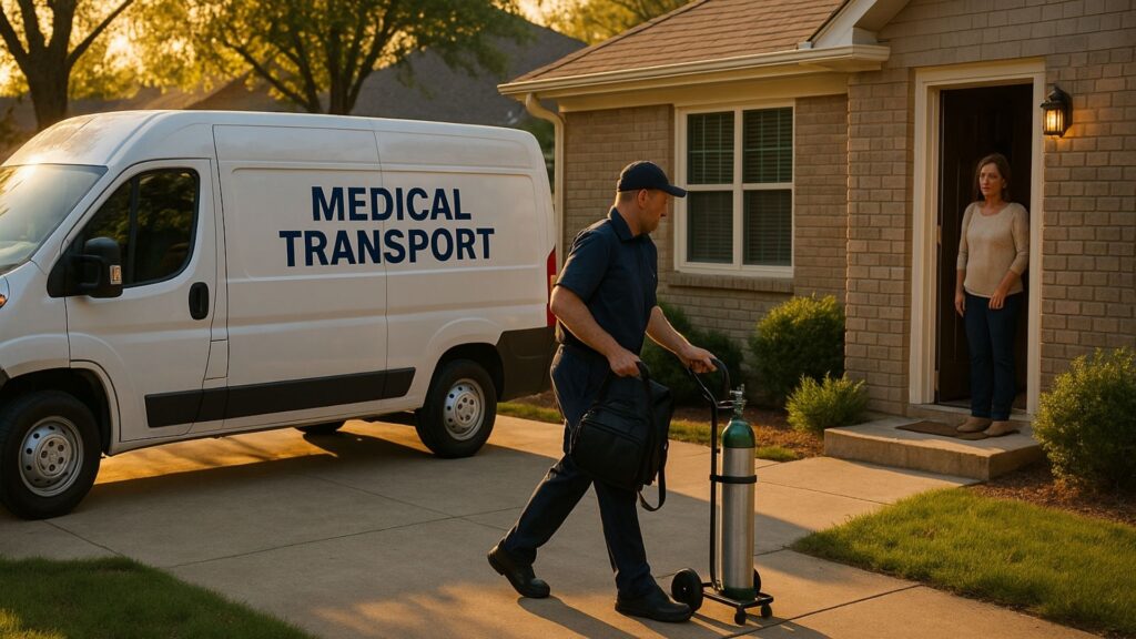 Driver delivering oxygen tank and equipment to patient's home