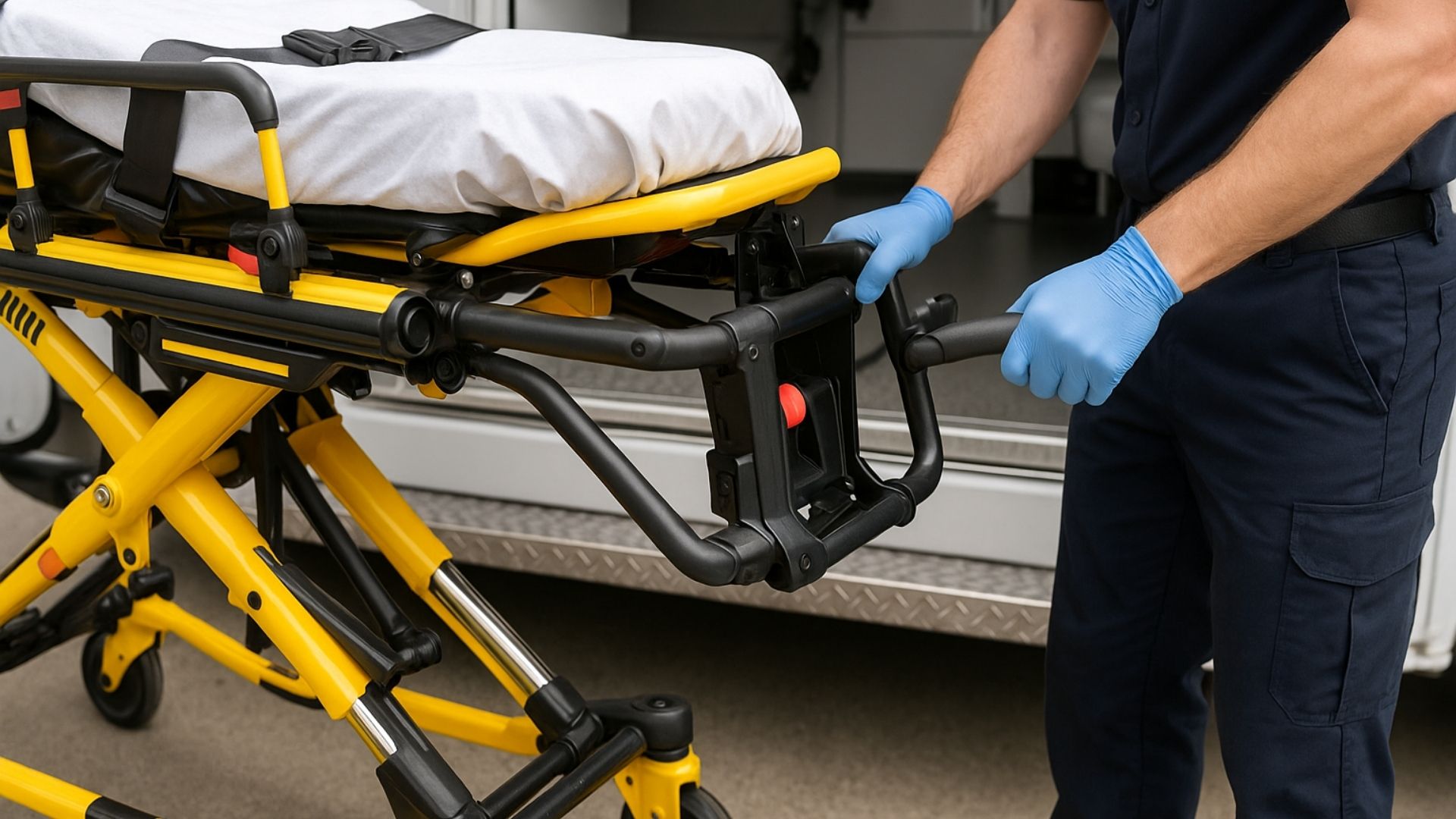 Hands operating hydraulic stretcher loading mechanism in medical transport