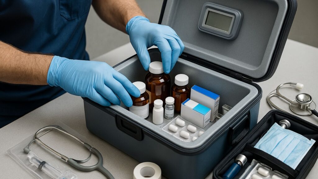 Healthcare professional checking medical supplies and temperature-controlled medication storage