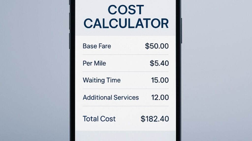 Smartphone screen showing medical transport pricing calculator with cost breakdown