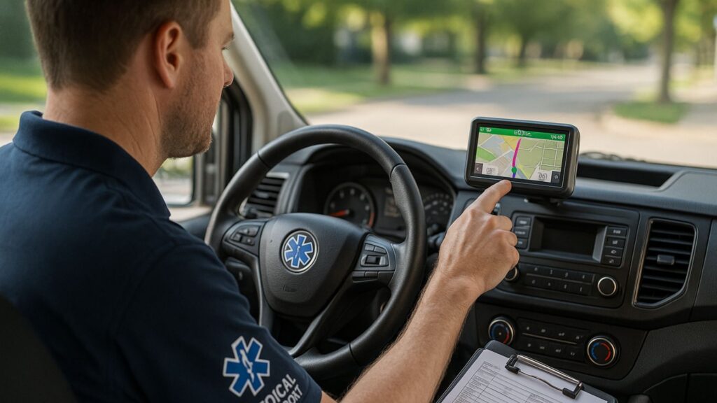 Healthcare transport driver checking GPS route for medical appointment pickup