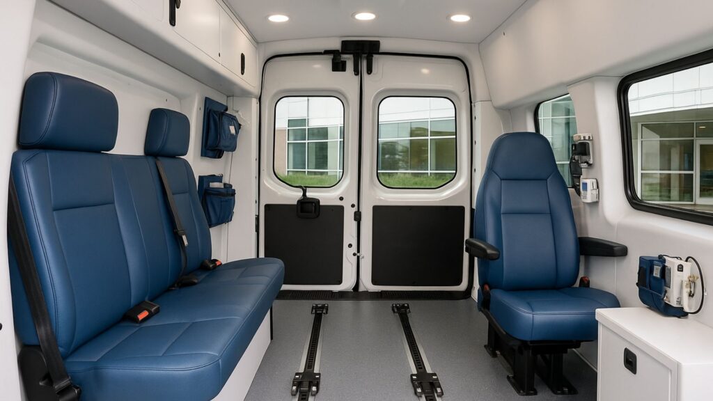 Interior view of medical transport showing wheelchair securement and seating