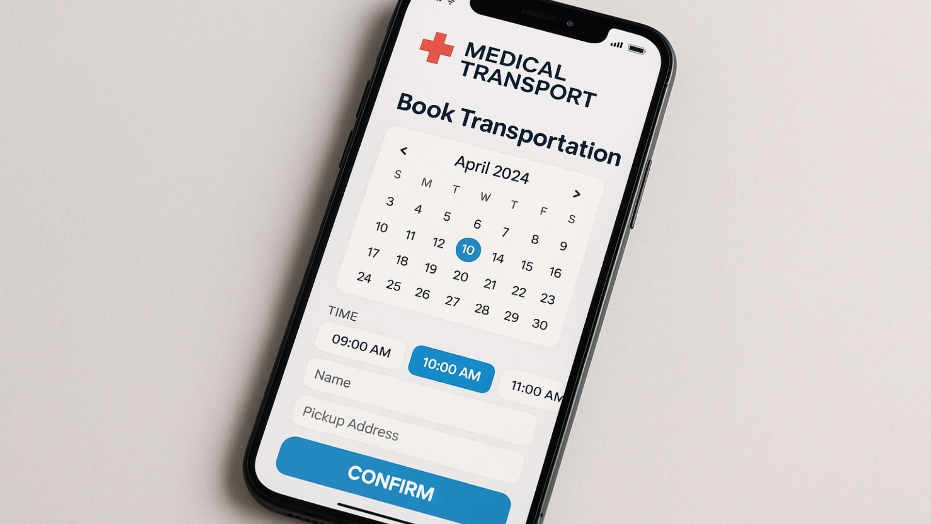 Smartphone showing medical transportation booking app with appointment scheduling interface