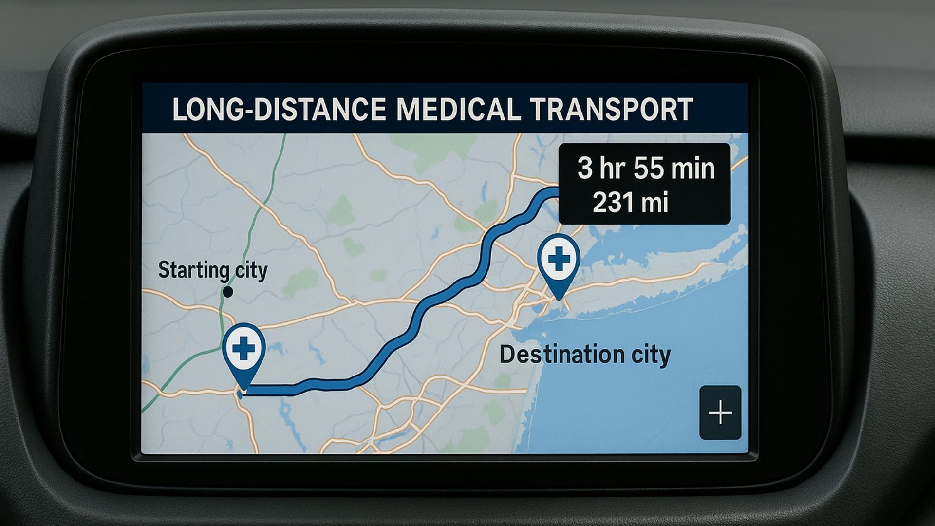 GPS screen displaying medical transport route between distant medical facilities