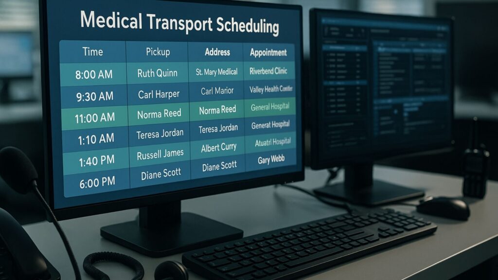 Computer screen displaying medical transport scheduling interface and pickup times