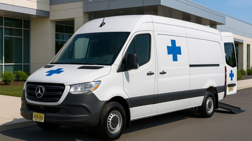 White medical transport van with blue cross logo parked at healthcare facility