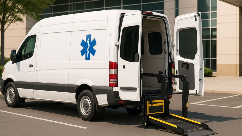 White medical transport van with extended hydraulic wheelchair lift at rear doors in hospital parking lot
