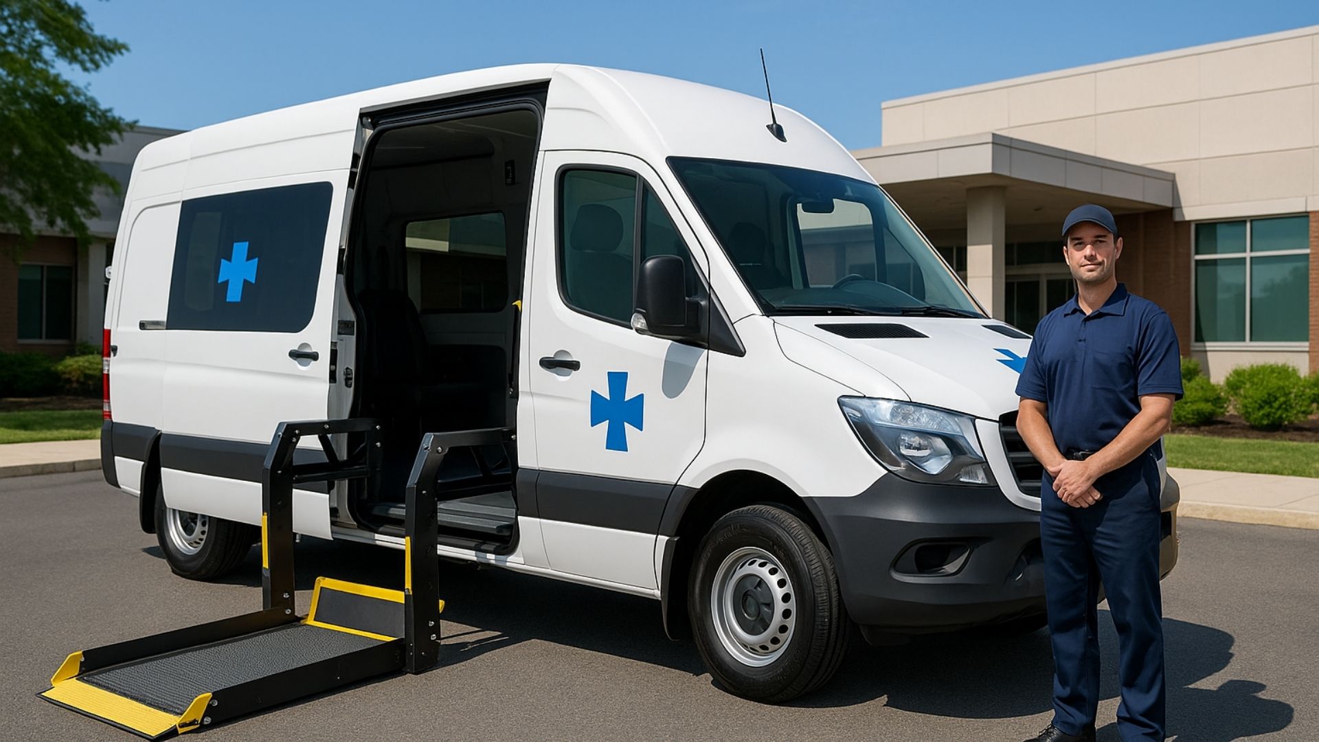 White medical transport van with extended wheelchair lift and uniformed driver in healthcare facility parking lot