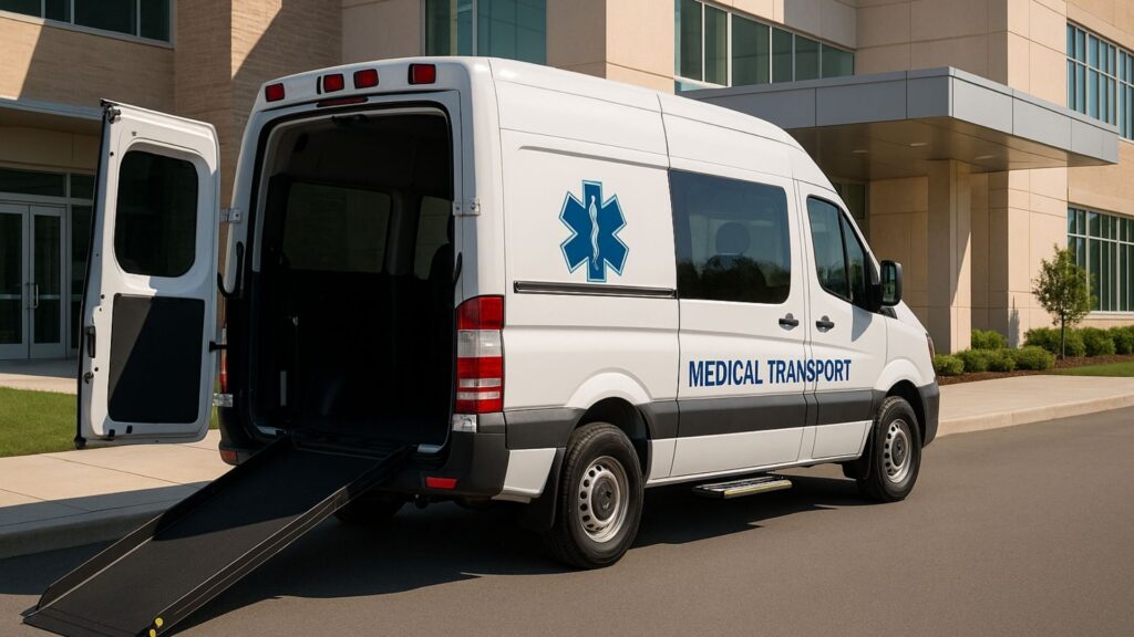 White medical transport van with wheelchair ramp at hospital entrance