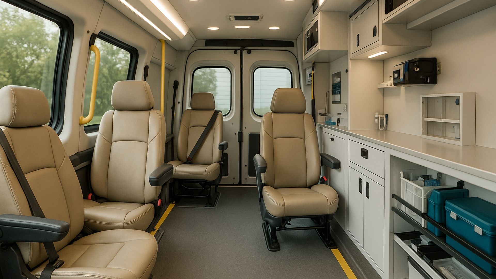 Interior of medical transport with reclining seats and safety features
