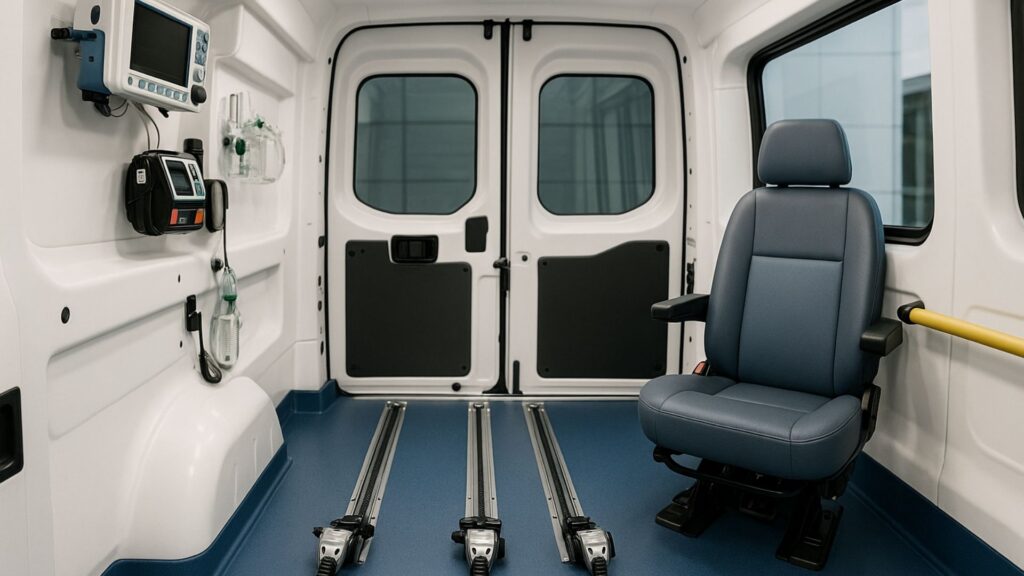 Interior of medical transport van showing wheelchair tie-downs and medical equipment