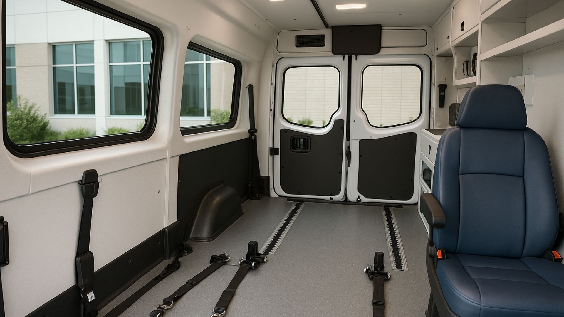 Interior view of medical transport van with wheelchair securing system and medical equipment