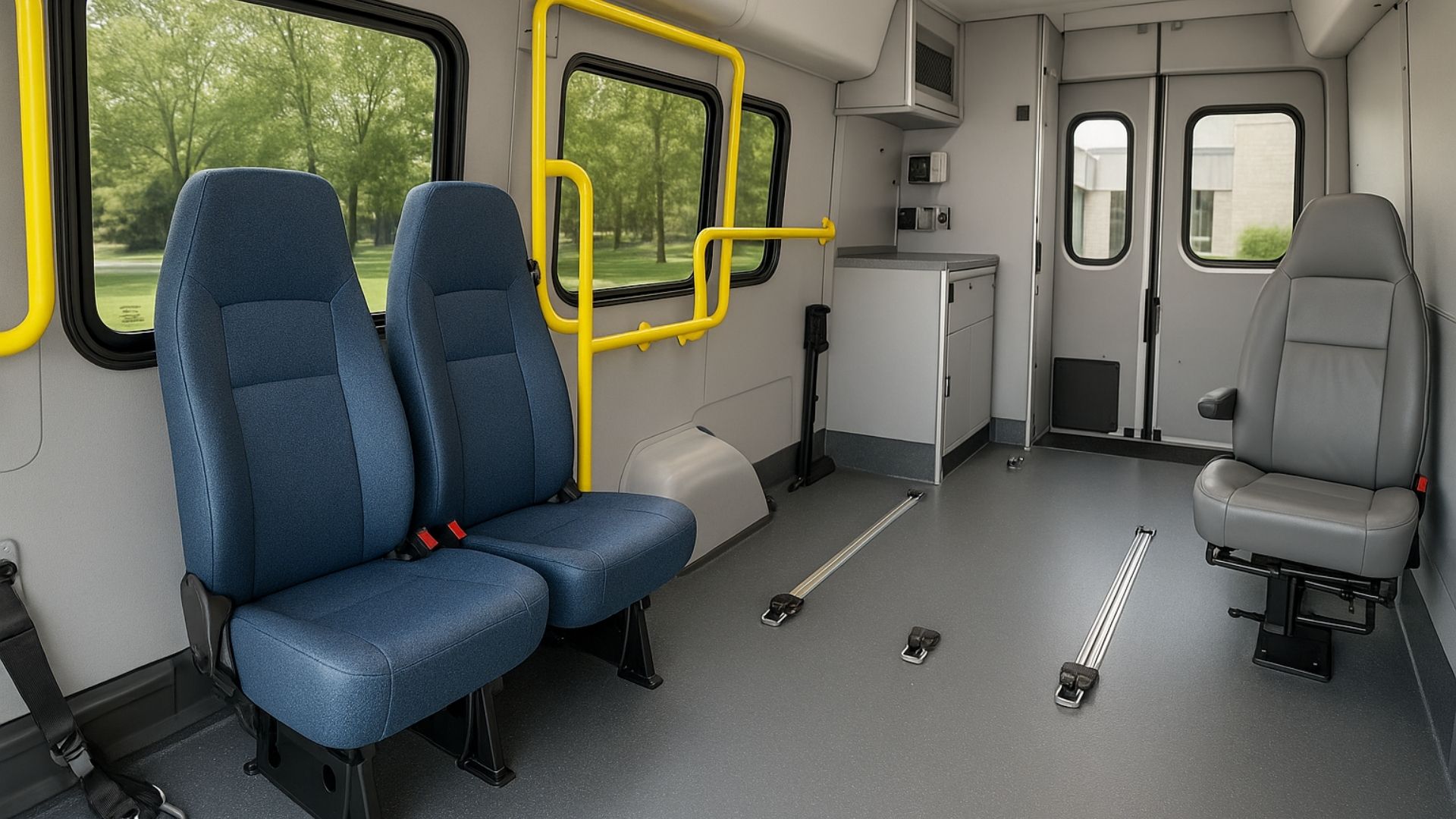 Interior of medical transport showing seats, safety rails and wheelchair area