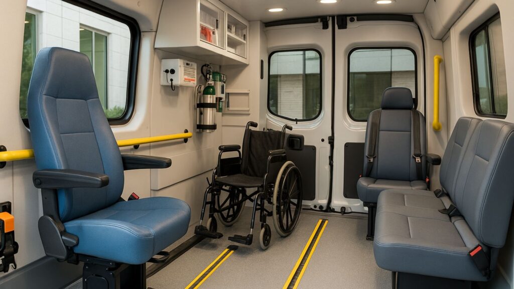Interior view of medical transport van with wheelchair accessible seating and safety equipment