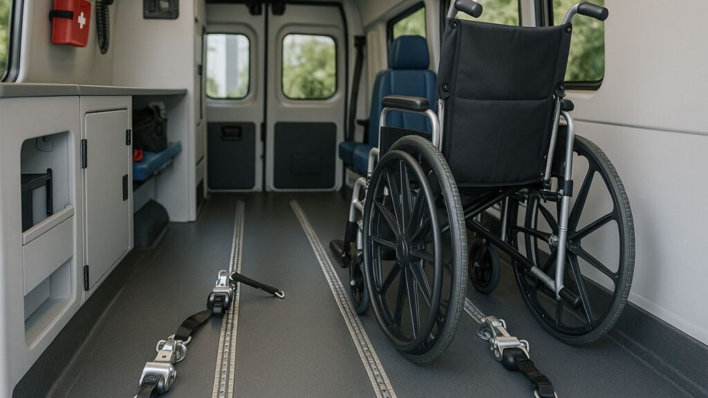 Interior of medical transport showing wheelchair securement straps and tie-down systems
