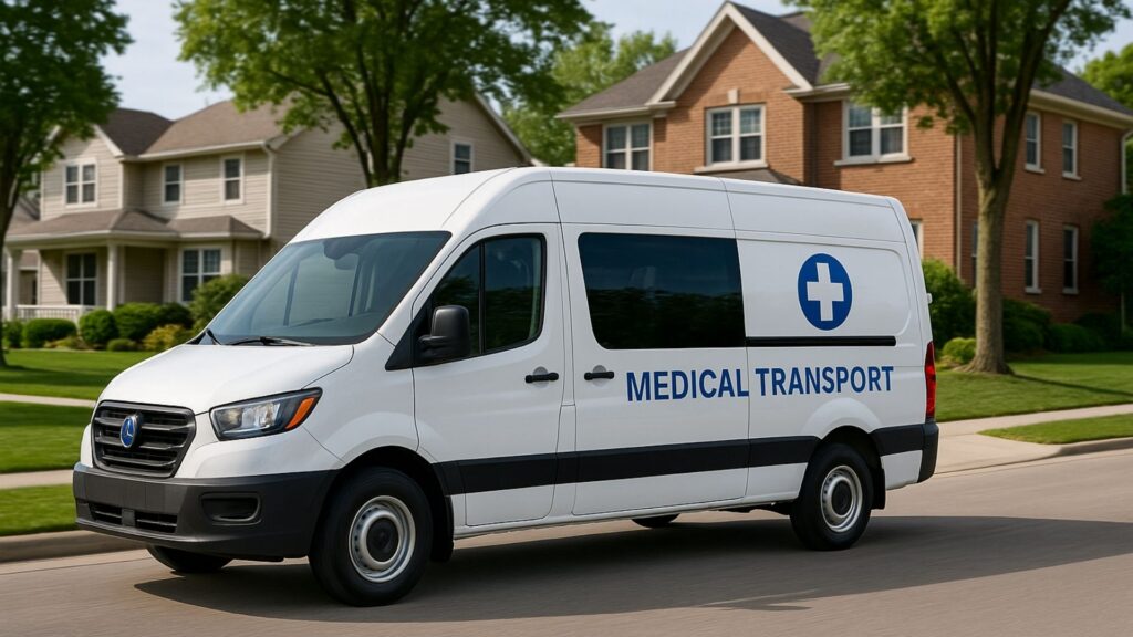 Medical transport van traveling through suburban neighborhood street during daytime
