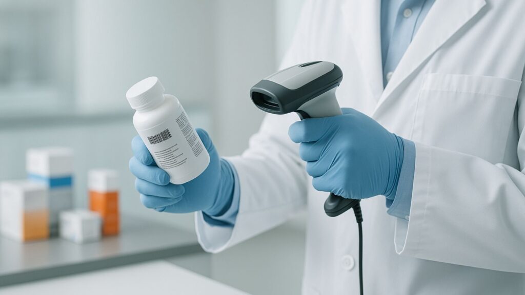Healthcare professional scanning barcode on medication bottle with handheld scanner device