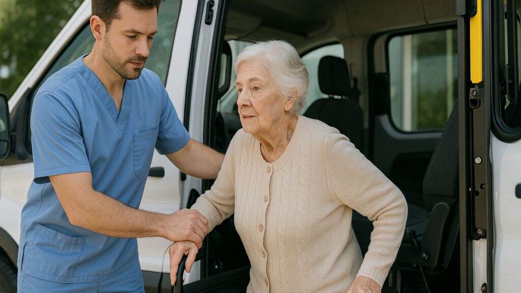 Healthcare worker helping elderly patient board medical transport vehicle safely