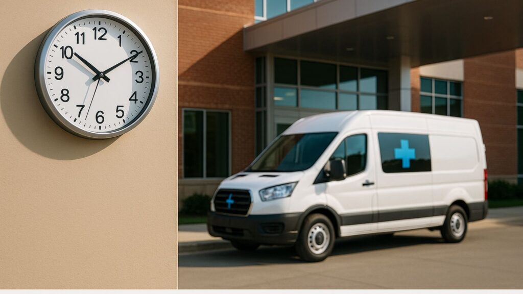 Wall clock and medical transport vehicle arriving punctually at medical facility