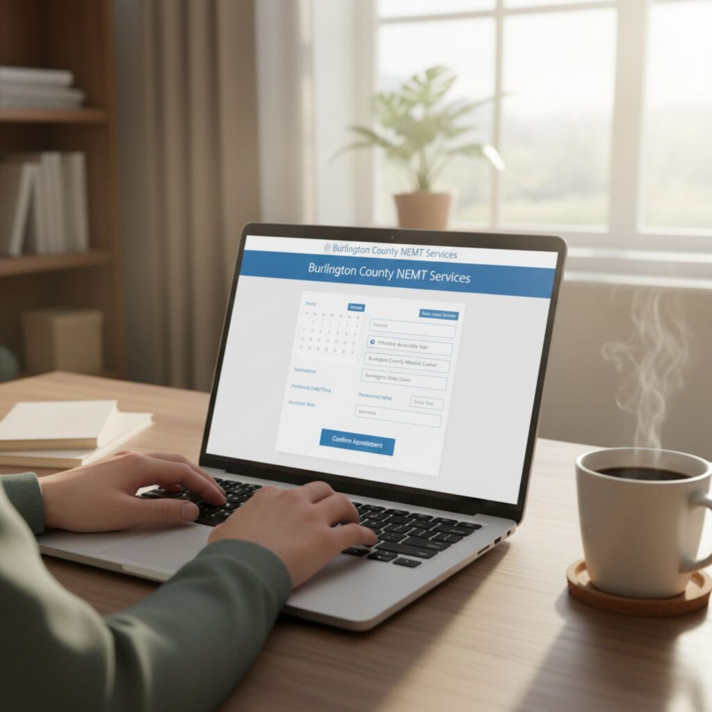 Person using laptop computer for medical appointment scheduling at home desk